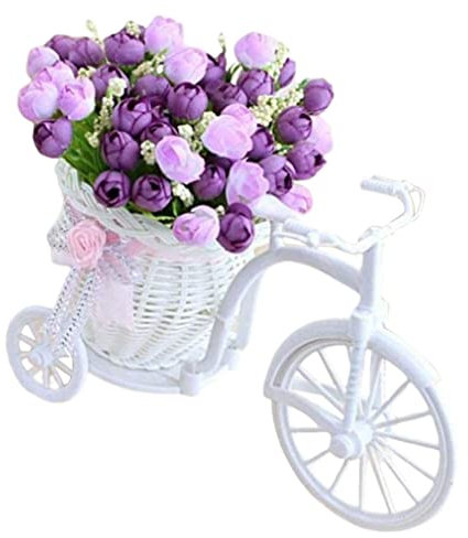 SMELEYOU Small Artificial Plants, Bicycle Artificial Flower Tricycle Planter Garden Decor Rattan Vase Basket for Wedding Purple Flower