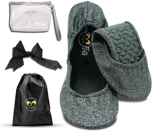 Party Flats Ballet Slippers for Women | Foldable Ballerina Shoes for Purse with Heels Bag and Hair Bow | Comfortable for Travel Concert, Stylish Evening Dress | Stretchy for Wide Width and Narrow Feet
