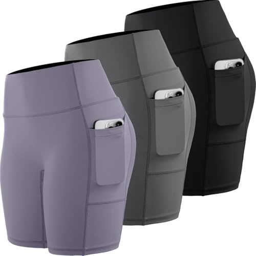 CADMUS Damen Yoga Shorts mit hoher Taille Spandex für Fahrrad Laufen Zwei Seitentaschen, 40# Schwarz & Grau & Lavendel, 3 Stück, Mittel