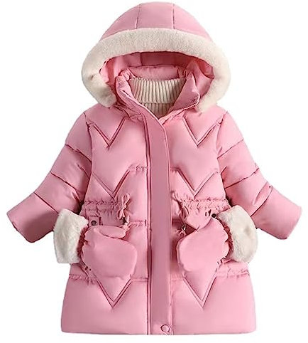 linboo Kinder Winterjacke Mädchen Jacke Gefüttert Warme Wintermantel Outdoor Kapuzenjacke Winddicht Parka mit Plüschhandschuhen Steppjacke, Rosa, 92-98(Etikettengröße: 100)