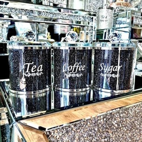 BMLIMITED BML Black Trimmings Crystal Filled Tea Coffee Sugar Canisters | Elegance in Every Sip Crystal Filled Multi-Purpose Kitchen Storage Organiser