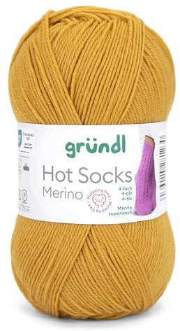 Gründl Hots Socks Merino uni, 4-fädige Sockenwolle, 50 g /200m,75% Schurwolle (Merino, superwash), 25% Polyamid,mulesing frei, Öko-tex Standard, (25 curry)