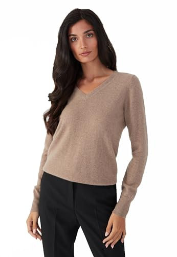 Style & Republic V-Neck Kaschmir Pullover-Damen elegant aus 100% Cashmere - Dein kuscheliger Premium Strickpullover für stilvolle Herbst- & Winter-Momente - Nougat L