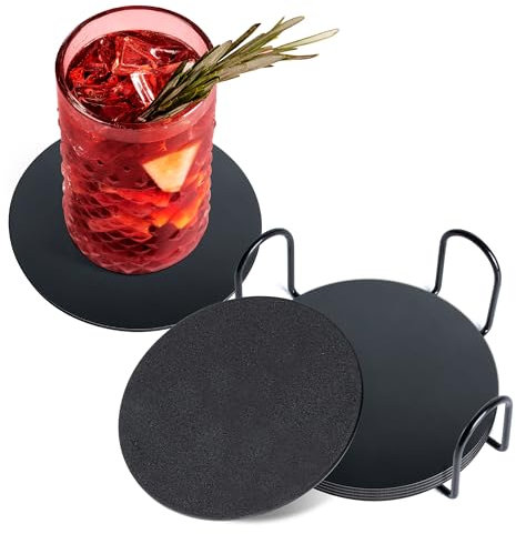 Dalababa Lot de 6 Dessous de Verre en Acier Inoxydable avec Support, Rond sous-Verres en Métal de 10cm pour Bar, Bougies, Verre, Tasses - Noir