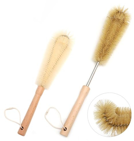 UPTALY 1 brosse à bouteille en nylon de 31 cm, 1 brosse de cuisine à poils de 38 cm, manche en bois de hêtre, tête coudée, avec manche en acier inoxydable de 9 mm, pour bouteille haute, grands