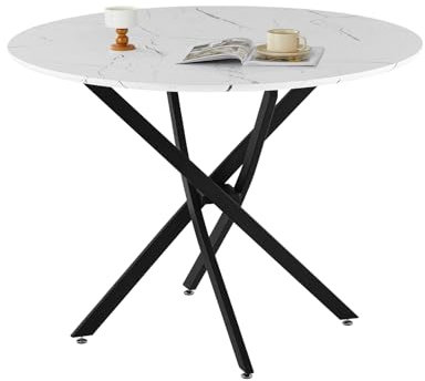 TUKAILAI Esstisch Rund 100cm, Küchentisch mit Schwarze Metallbeinen, Kleiner Esstisch 2 Personen, Moderner Runder Tisch Holztisch für Esszimmer Küche Wohnzimmer Büro Küche, Marmor weiß