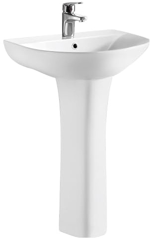 Balterley 547mm Bathroom Sink, Full Pedestal Ceramic Round Bowl Bathroom Wash Basin Sink with Overflow, 1 Tap Hole, Floor Standing Basin Sinks for Cloakroom - 547 x 460 x 825mm (White)