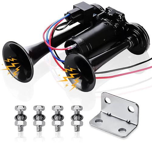 Air Horn Kit 12v Laut Kompressor Fanfare 150dB Druckluft Horn Hupe, Doppelrohr-Elektropumpe mit Metallverbund Lufthorn für alle 12V Auto LKW Züge Boote Cars Vans