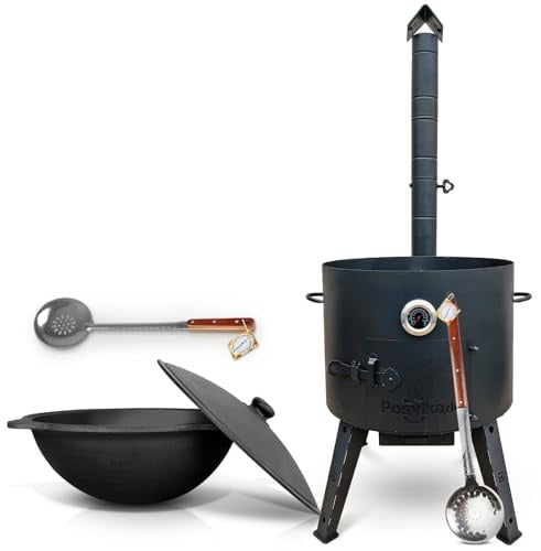 Utschak Feuerofen Ø 52,7 cm mit Thermometer Gusseisen Topf runder Boden mit Deckel (22 L) Ø 49 cm KazanoFF, Учаг, Kazan Outdoor, Feuerschale, Camping, Kazan, Gulaschkanone Dutch Oven (Set 3)