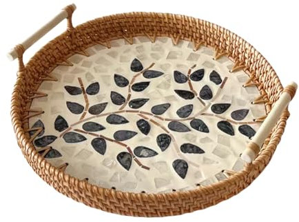 SLHEQING Round Rattan Serving Tray with Handle, Decorative Coffee Table Tray Wicker Tray for Fruit, Drink, Bread, Tea, Candle