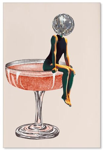 CIDLNMY Disco-Kugelkopf-Poster, Retro, flippig, Cocktail, mädchenhaft, Wandkunst, trendig, beigefarbene Drucke, Barwagen, Wanddekoration, Vintage-Drucke, Gemälde, 40,6 x 61 cm, ungerahmt