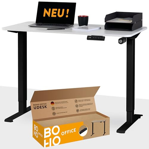 boho office® Elektrisch höhenverstellbarer Schreibtisch - 4 Speicher, inkl. Wireless Charger und FSC-zertifizierter Tischplatte mit abgerundeten Ecken, UDESK Weiß/Schwarz
