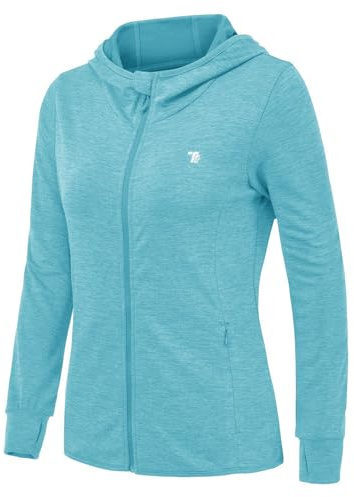 Rdruko Laufjacke Damen Sportjacke UV Jacke Trainingsjacke mit Kapuze | Leicht Sonnenschutz Wanderjacke Atmungsaktiv Fahrradjacke Langarm Sun Hoodie mit 4 Taschen Daumenloch für Laufen Yoga Fitness