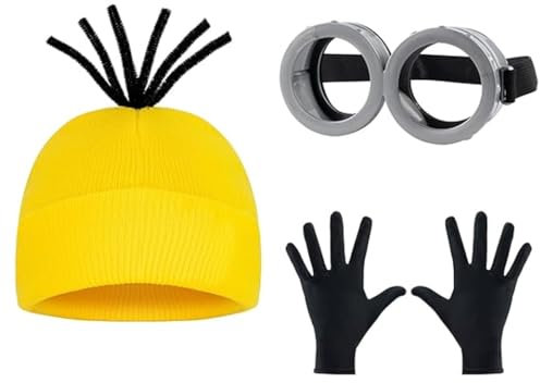Topcosplay 3-teiliges Set für Halloween-Kostüm-Accessoires, Outfit, Brille, gelbe Beanie-Mütze, schwarze Handschuhe