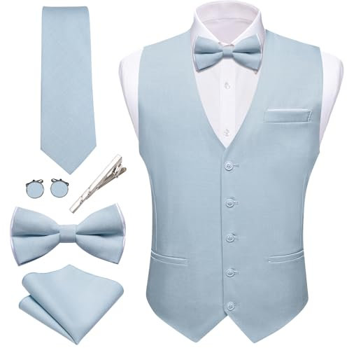 Barry.Wang Herren-Anzugweste, Leinen, formell/lässig, V-Ausschnitt, Krawatte, Fliege, Set, einfarbig, 6-teilig, Hochzeit, Party, Smoking, Himmelblau, Small