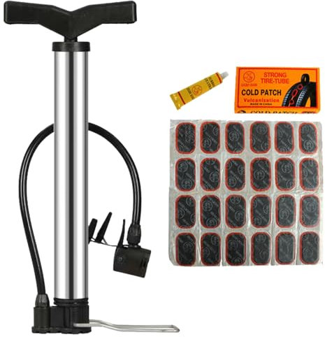 Liwein Pompa per Bicicletta, Pompa da Pavimento Portatile per Bicicletta, Mini Pompa da Pavimento, Adatta per Schrader e Presta Valvola, con 48 Fogli Di Rattoppo per Pneumatici e da Una Colla
