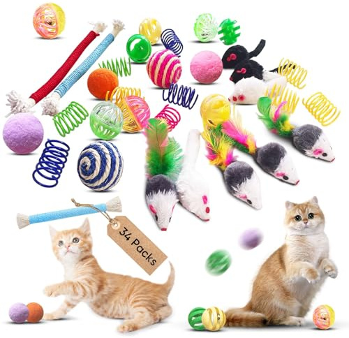 YULOYI Cat Toys for Indoor Cats, 34 Packs Interactive Cat Toy Set with Colorful Springs Toys, Mouse Toy, Catnip Ropes, Balls, Bells, and Sisal Ball for Kittens
