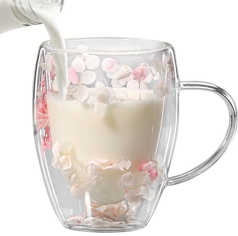 Tazza da caffè in vetro a doppia parete, 350 ml, tazza isolata con manico con motivo floreale, resistente al calore, per latte, tè, bevande calde e fredde, regalo a tema floreale