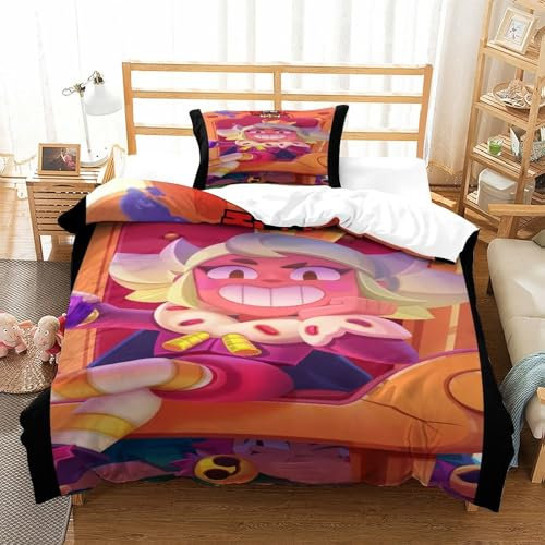 BSTELA9IE Brawl Stars Bettbezug Set 2 Teilig Bettwäsche-Sets Kinderbettwäsche Reißverschluss Mit Kissenbezügen Betten Set Für Jugendliche Kinder Schlafzimmer Single(135x200cm)