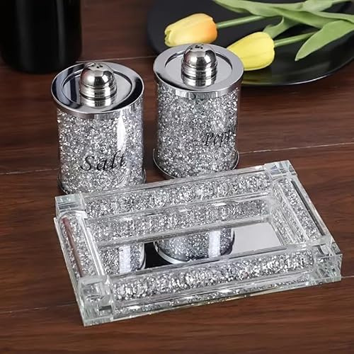 Set of 3 Salt and Pepper Shakers with Tray - Glass Crystal Crushed Diamonds Salt & Pepper Canister Storage Jar, Cooking Seasoning Jar, Kitchen Accessories