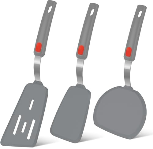 Beijiyi Silicone Spatula Turner Set of 3, 600°F Heat Resistant (Gray) | Flexible Spatulas for Nonstick Cookware, Cooking, Flipping, Egg & Pancake, BPA Free Kitchen Utensils, Dishwasher Safe