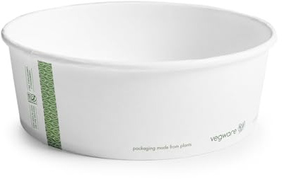Vegware Compostable 32oz PLA Lined Paper Food Bowls, Case of 300, Disposable, White Wide Round Soup Containers, Renewable Plant-Based, 185-Series Lids Available