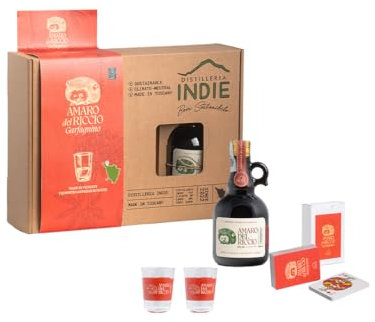 Amaro del Riccio Garfagnino Pack, Gusto Erbaceo, Botaniche di Elicriso, Mentuccia e Miele di Castagna, Gradazione 26%, Volume 50cl, Bicchiere vetro, Carte Amaro del Riccio