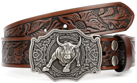 XZQTIVE Western Leder Gürtel für Herren Damen Floral graviert Cowboy Schnalle Gürtel Longhorn Stier Schnalle Taillegürtel Brown