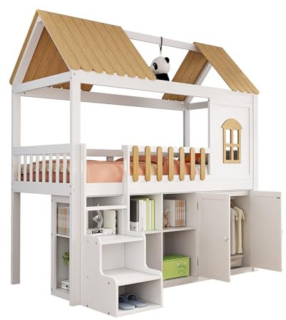 SOFTWEARY Hochbett mit Lattenrost, Kleiderschrank, Regal und Treppe, 90x200 cm, Hausbett, Kinderbett mit Rausfallschutz, Jugendbett