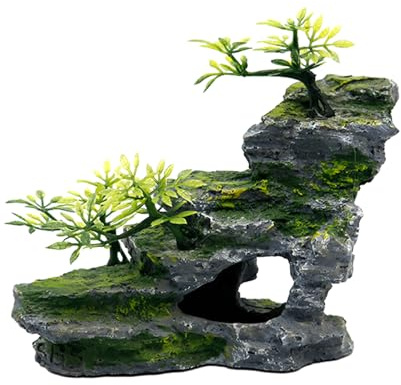 MC MEICHUANG Resin Fish Tank Ornament, Aquarium Mountain Decoration with Artificial Plants for Betta & Shrimp to Hide and Play, Landscape Cave for Freshwater Aquascaping