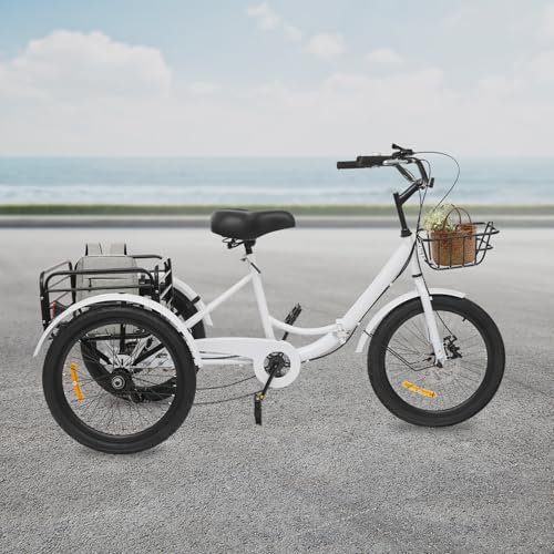 20 Zoll Dreirad 7 Gang Dreirad für Erwachsene verstellbares Senioren 3-Rad Fahrrad Tricycle Bicycle mit Korb Aufblasvorrichtung Autoschloss für Einkaufen Radfahren Ausflüge Sport (Weiß)