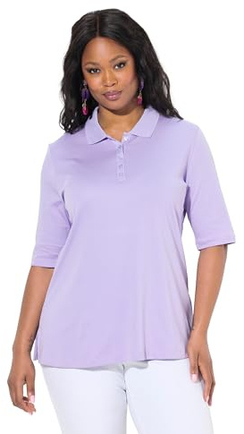 Ulla Popken Damen große Größen Übergrößen Plus Size Poloshirt, Classic, Pima Cotton, Polokragen, Halbarm Lavendel 58+ 820757814-58+