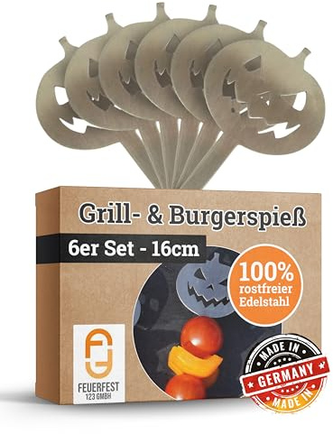 Feuerfest 123 Burger-Spieße mit Kürbis-Motiv I 6 Stück I 16 cm I Hochwertige Grillspieße aus rostfreiem Edelstahl I Stilvolle Metallspieße für Burger, Sandwiches, Gemüse & Fingerfood