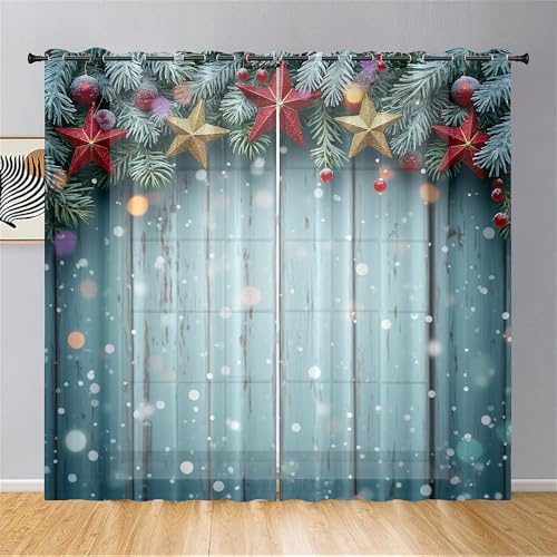 Mateju 2er Set Sheer Voile Vorhänge mit Ösen für Schlafzimmer, 3D Weihnachten, Transparent Vorhang für Küche Fenster, Modern Wohnzimmer Gardinen (Blau und Sterne,140x160cm)