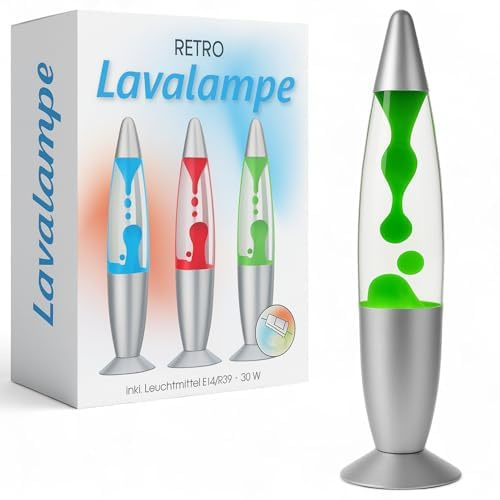 MIJOMA Retro Lavalampe 40 cm – Dekorative Lavaleuchte aus Glas & Aluminium mit silbernem Fuß – Stimmungslicht mit Schnurschalter im kultigen 70er-Jahre-Design, Grün