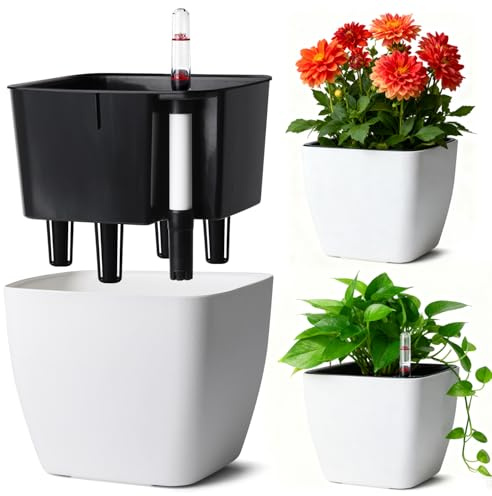 T4U Selbstbewässerungstopf 17,5cm 3er Set Blumentopf Eckig mit Anzeige Weiß | Blumentöpfe, Geranien, Minze, Hydrokultur, Wasserspeicher, Innenbereich, Außenbereich, Anfänger, Urlaubspflege