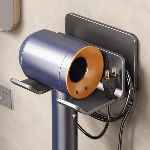 Vyranut Supporto per Asciugacapelli da Parete Senza Trapano – Porta Phon in Alluminio Spaziale con Fessura per Cavi, Antiscivolo e Salvaspazio per Bagno, 145 × 102 × 74 mm