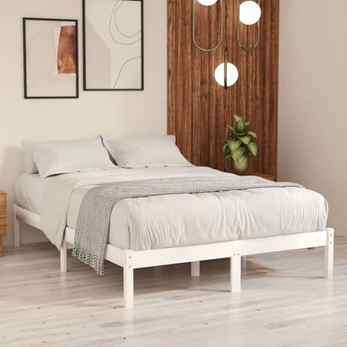 Bucmath Massivholzbett Weiß 120x190 cm, Kiefernholz Bettrahmen für Schlafzimmer, Modernes Plattformbett, Robustes Holzbett Gestell, Langlebiges Möbelstück
