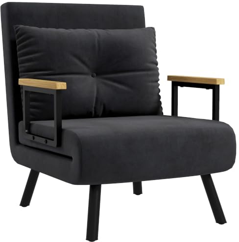 HOMCOM Schlafsessel 4 in 1 Sessel mit Schlaffunktion 183 x 63 cm Schwarz | Klappbar, 5-stufig Verstellbare Rückenlehne, Lendenkissen, Samtoptik, für Wohnzimmer