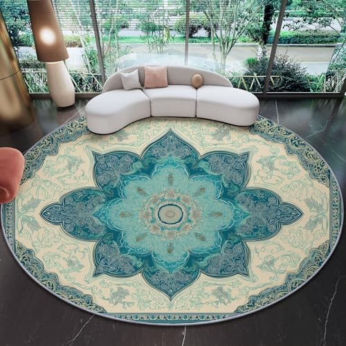 60 cm Runder Teppich mit Orientalisch Antik Art Déco - Weicher Babyzimmer Teppich Waschbarer Rutschfester Spielmatte für Kinderzimmer Zelte, Türkis Runder Teppiche for Schlafzimmer