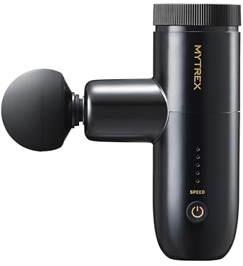 MYTREX REBIVE MINI XS 2 Mini Massagepistole, 6 Takt & 5 Geschwindigkeitsstufen, 285g Tragbares Handmassagegerät mit 5 Aufsätzen, USB Wiederaufladbar, Geschenk für Männer & Frauen (Schwarz)
