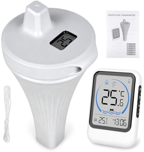 LYPPUL Pool Thermometer Funk, Poolthermometer Digital Funk, Schwimmend Wasserthermometer mit Außensensor, Digital poolthermometer Schwimmend funk mit IP68 Wasserdicht für pools Badewannen Schwimmbäder