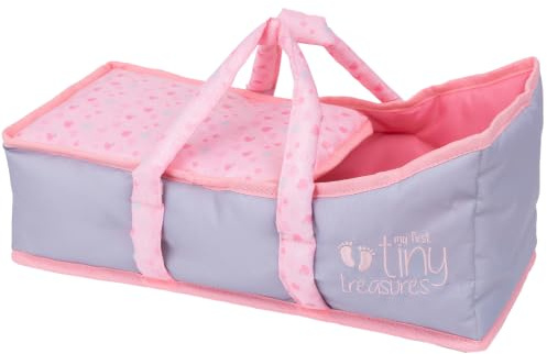 My First Tiny Treasures Baby Doll Carrier Cot for 36cm Dolls | Soft Padded Doll Carrier with Cot Pillow, Heart Print Design, Baby Doll Accessories