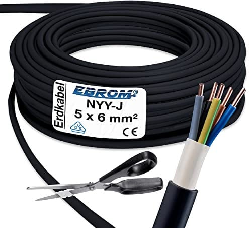 EBROM Erdkabel NYY-J 5x6 mm² - Starkstromkabel - PVC Erdleitung - schwarz - Meterware auf den Meter genau - Auswahl in 1 Meter Schritten, viele Längen - NYY-J 5x6 mm2 - Ihre Länge: 25 Meter