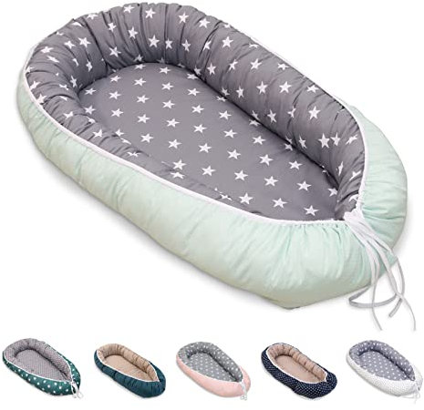 ULLENBOOM Babynest - 100% OEKO-TEX Materialien & Made in EU, Mint Grau - Babynestchen Neugeborene aus kuscheliger Baumwolle, Ideal als Reisebett & Kuschelnest geeignet