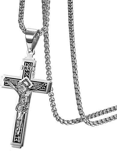 JewelryWe Schmuck Herren Halskette Katholische Jesus Christus auf INRI Kreuz Kruzifix Edelstahl Anhänger mit 22 Zoll Weizenkette Retro Kette Geschenk für Männer