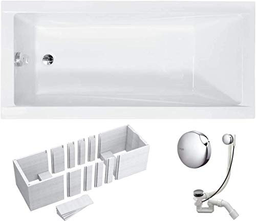 VBChome Badewanne 160x70 cm Rechteck Acryl Weiß – Komplettset mit Styropor-Wannenträger & Ablaufgarnitur Chrom – Hygienisch & wärmeisoliert – Antibakteriell & schallgedämmt – Moderne Design-Wanne