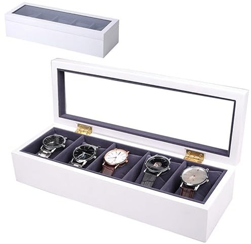 YUYTE Uhrenbox, Uhrenkasten mit Glasdeckel, 5 Grids Watch Aufbewahrungsbox, Uhrenhalter Uhrenschachtel, Schmuckkoffer für Veranstalter und Ausstellung, meisten Typen von Armbanduhren geeignet (Weiß)
