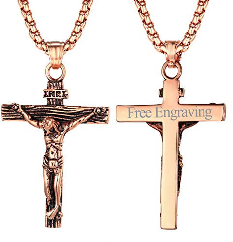 FaithHeart Pendentif Croix Or Rose Prénom Gravé Collier Crucifix INRI Femme