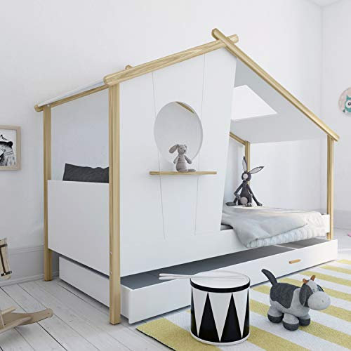Homestyle4u 1950, Kinderbett 90x200 Weiß mit Bettkasten Lattenrost Hausbett Holzbett Kinder
